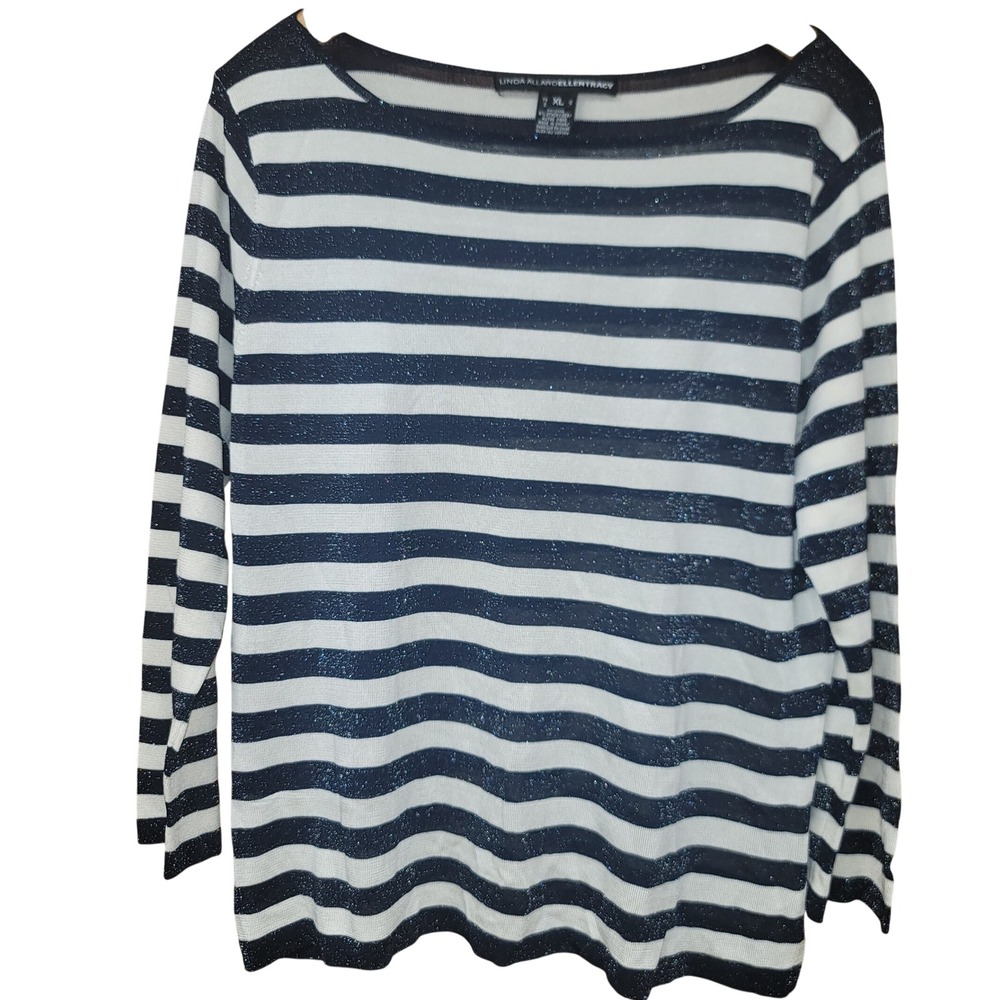 Linda Allard Ellen Tracy Striped Metallic Knit Top Boat Neck XL